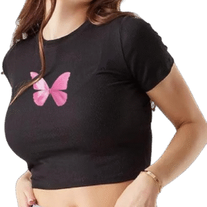 Women's Stylish Ribbed Croptop with Pink Butterfly Printed Top Round Neck Rib Knit Regular Fit White Croptop for Girl and U Can Use with Shorts, Skirts, Jeans Or Pants