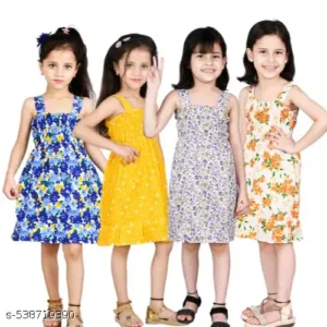 kids cotton frocks, Chic Casual Cotton Fit and Flare Dress Pack of 4 - Knee Length, Sleeveless